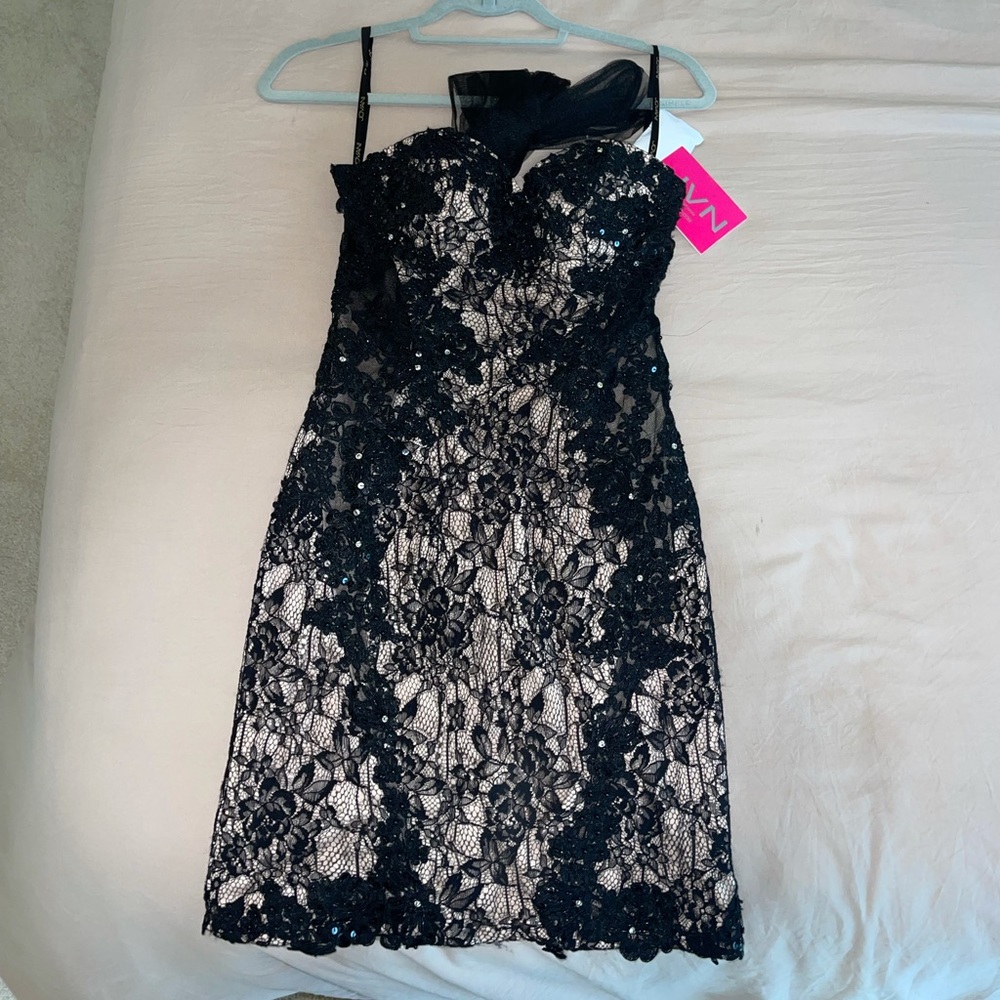 NWT JVN Jovani black nude sequin strapless dress 6